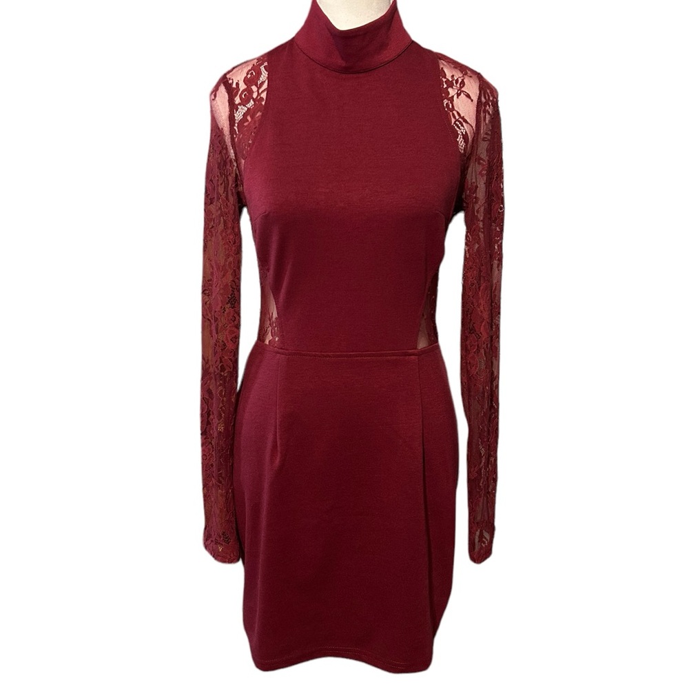 TOBI High Neck Backless Maroon Bodycon Dress w/ See-Thru Lace